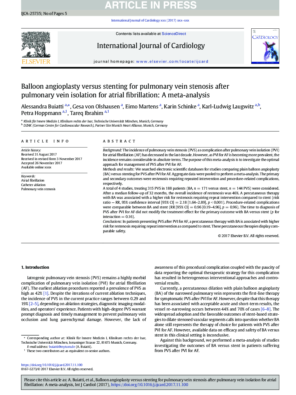 Balloon angioplasty versus stenting for pulmonary vein stenosis after pulmonary vein isolation for atrial fibrillation: A meta-analysis