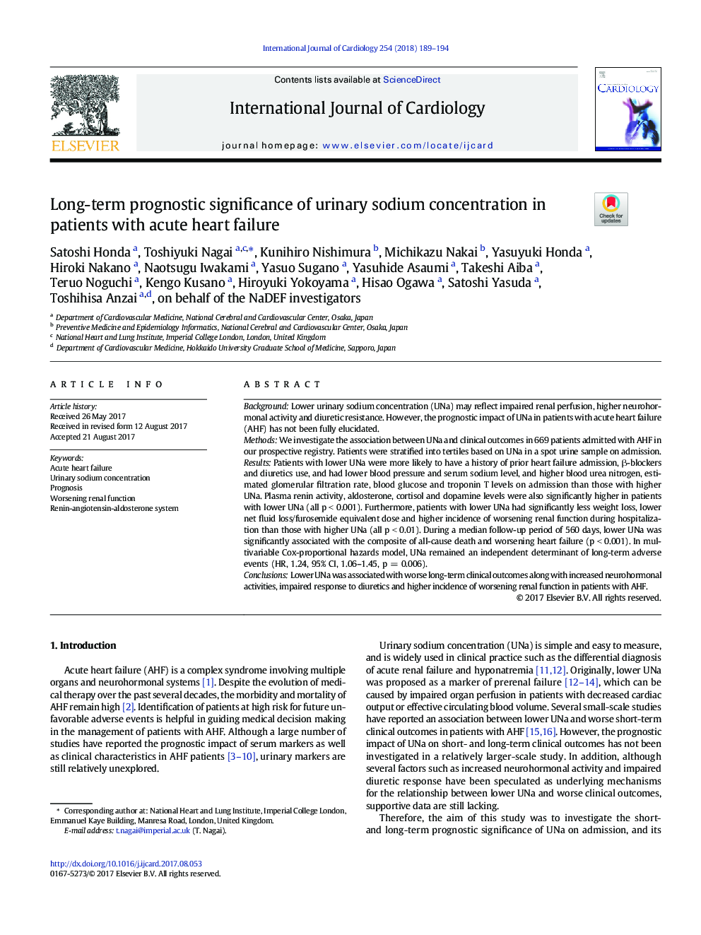 Long-term prognostic significance of urinary sodium concentration in patients with acute heart failure