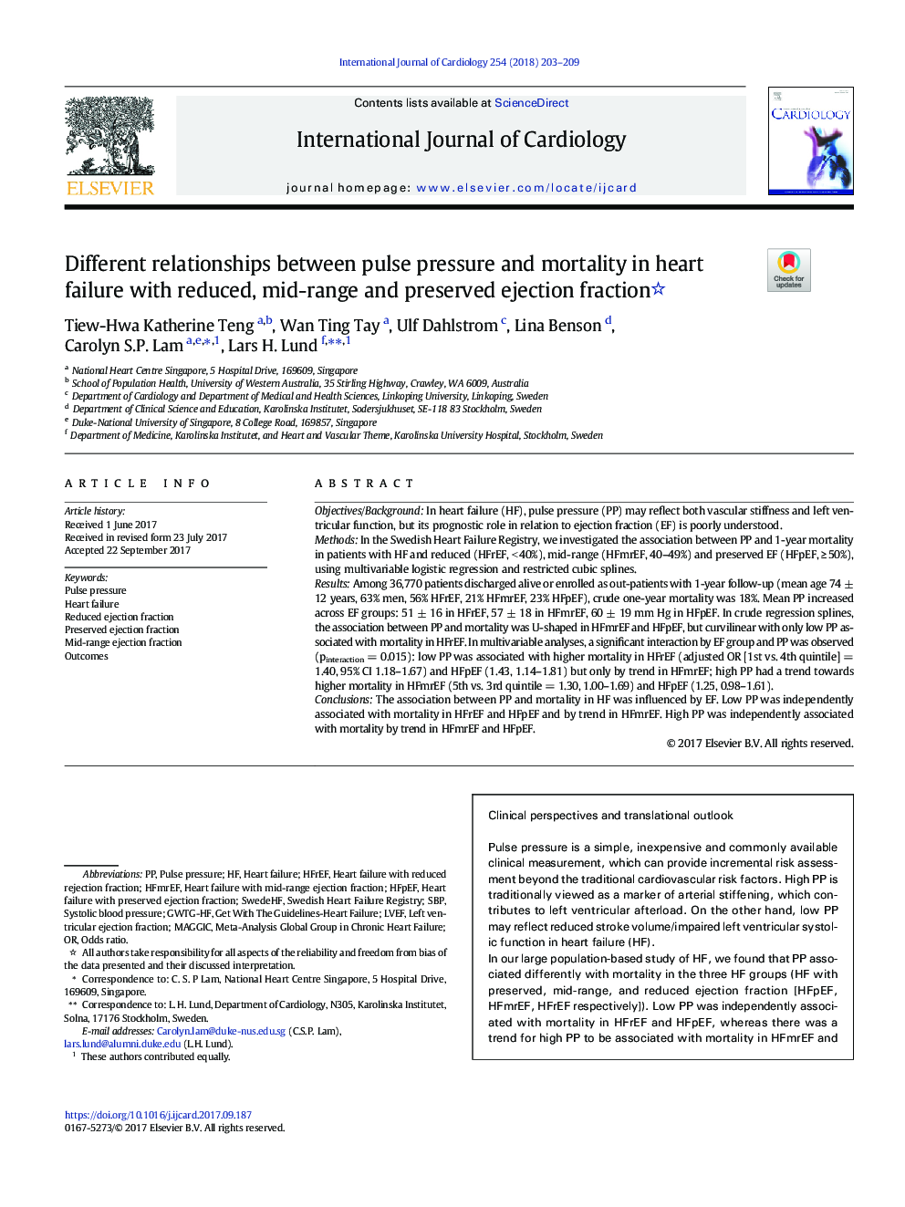 Different relationships between pulse pressure and mortality in heart failure with reduced, mid-range and preserved ejection fraction