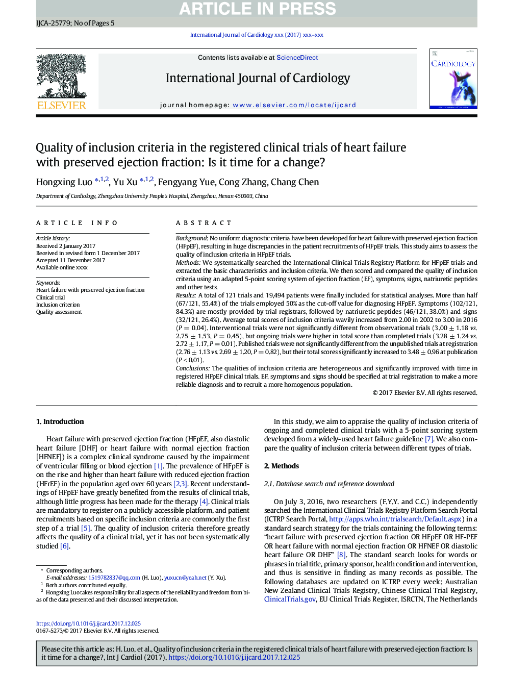 Quality of inclusion criteria in the registered clinical trials of heart failure with preserved ejection fraction: Is it time for a change?