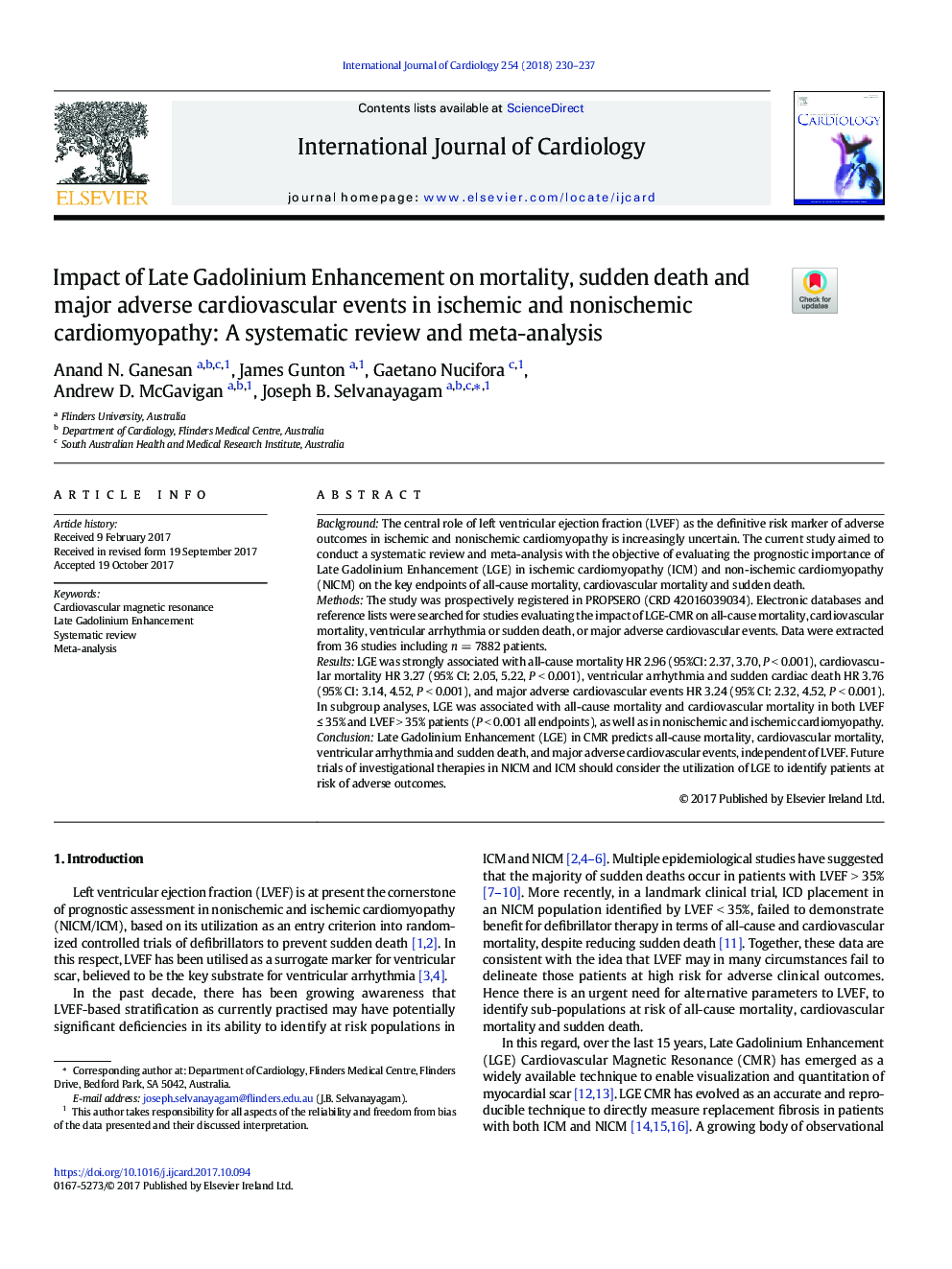 Impact of Late Gadolinium Enhancement on mortality, sudden death and major adverse cardiovascular events in ischemic and nonischemic cardiomyopathy: A systematic review and meta-analysis