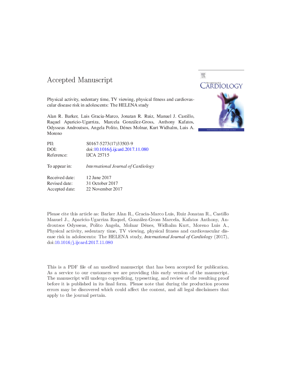 Physical activity, sedentary time, TV viewing, physical fitness and cardiovascular disease risk in adolescents: The HELENA study