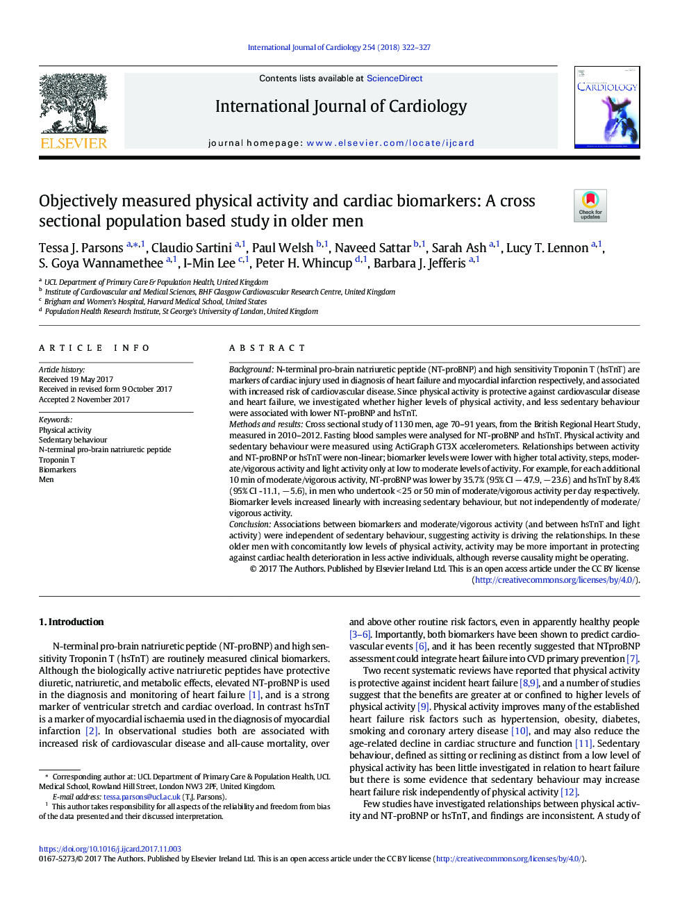 Objectively measured physical activity and cardiac biomarkers: A cross sectional population based study in older men