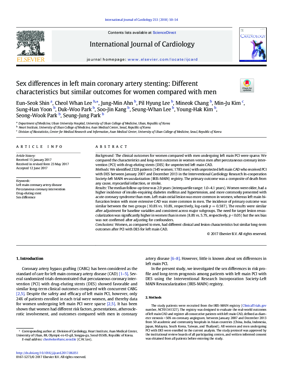 Sex differences in left main coronary artery stenting: Different characteristics but similar outcomes for women compared with men