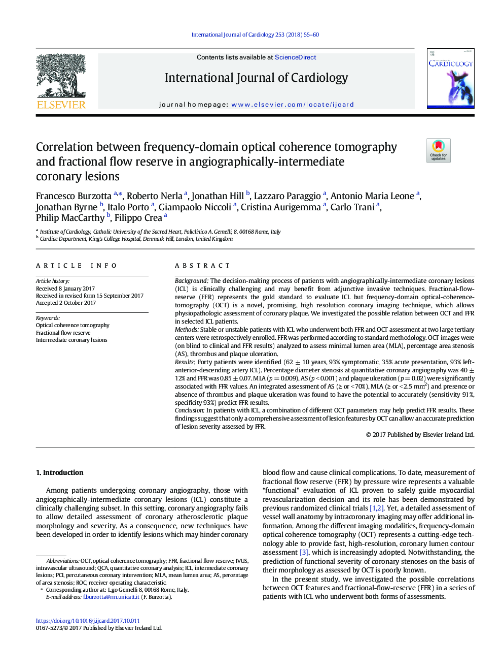 Correlation between frequency-domain optical coherence tomography and fractional flow reserve in angiographically-intermediate coronary lesions