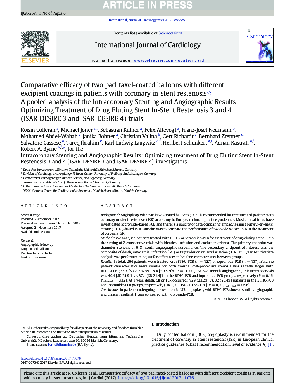 Comparative efficacy of two paclitaxel-coated balloons with different excipient coatings in patients with coronary in-stent restenosis