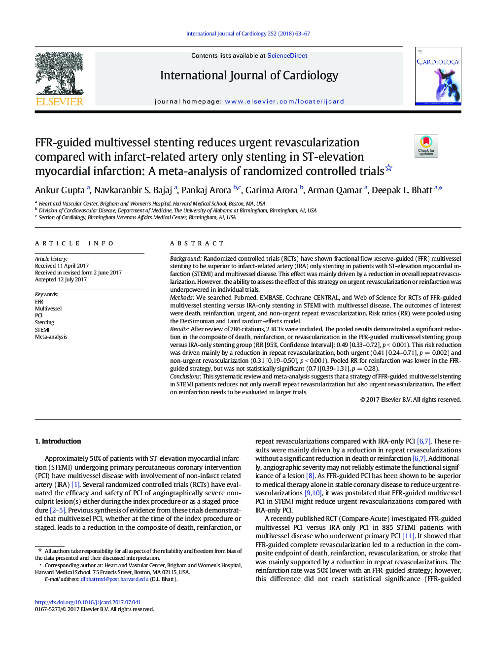 FFR-guided multivessel stenting reduces urgent revascularization compared with infarct-related artery only stenting in ST-elevation myocardial infarction: A meta-analysis of randomized controlled trials