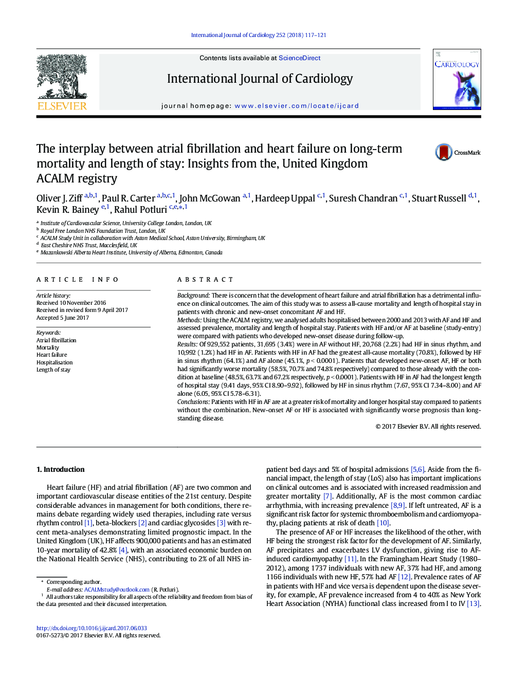 The interplay between atrial fibrillation and heart failure on long-term mortality and length of stay: Insights from the, United Kingdom ACALM registry