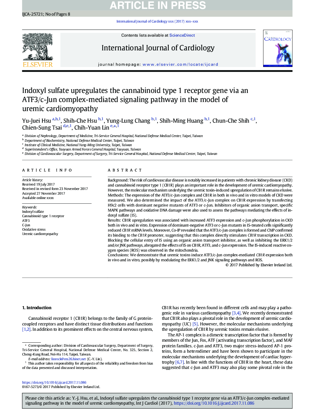 Indoxyl sulfate upregulates the cannabinoid type 1 receptor gene via an ATF3/c-Jun complex-mediated signaling pathway in the model of uremic cardiomyopathy