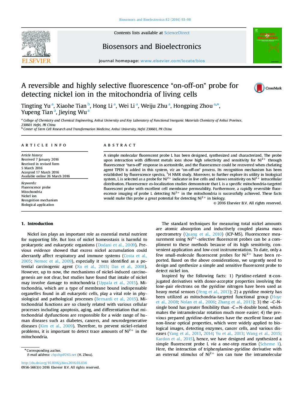 A reversible and highly selective fluorescence “on-off-on” probe for detecting nickel ion in the mitochondria of living cells