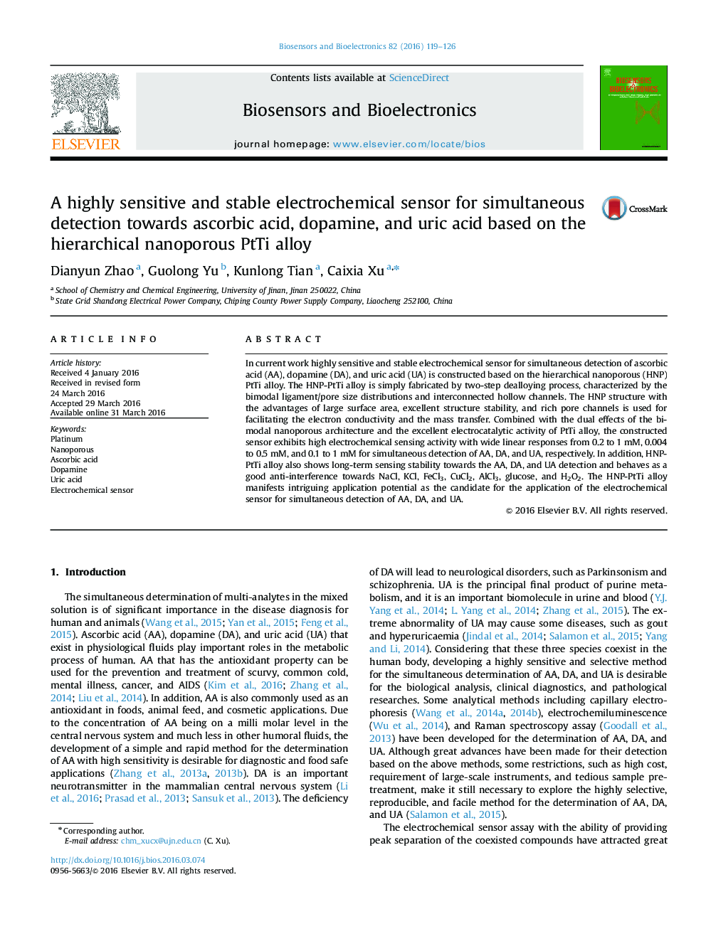 A highly sensitive and stable electrochemical sensor for simultaneous detection towards ascorbic acid, dopamine, and uric acid based on the hierarchical nanoporous PtTi alloy