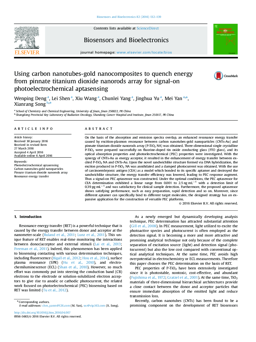 Using carbon nanotubes-gold nanocomposites to quench energy from pinnate titanium dioxide nanorods array for signal-on photoelectrochemical aptasensing