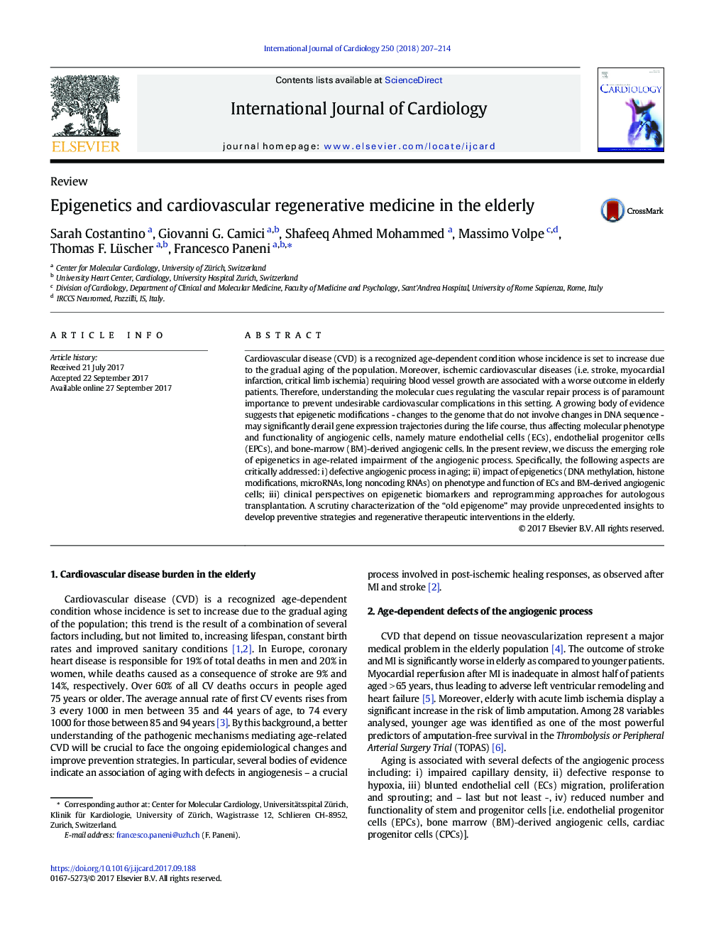 Epigenetics and cardiovascular regenerative medicine in the elderly