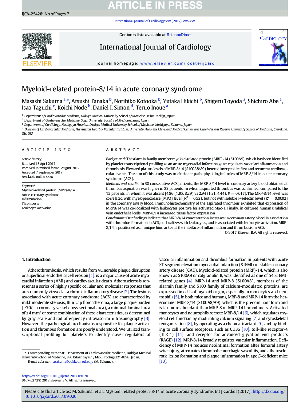 Myeloid-related protein-8/14 in acute coronary syndrome