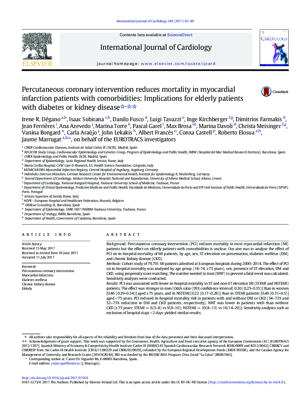 Percutaneous coronary intervention reduces mortality in myocardial infarction patients with comorbidities: Implications for elderly patients with diabetes or kidney disease