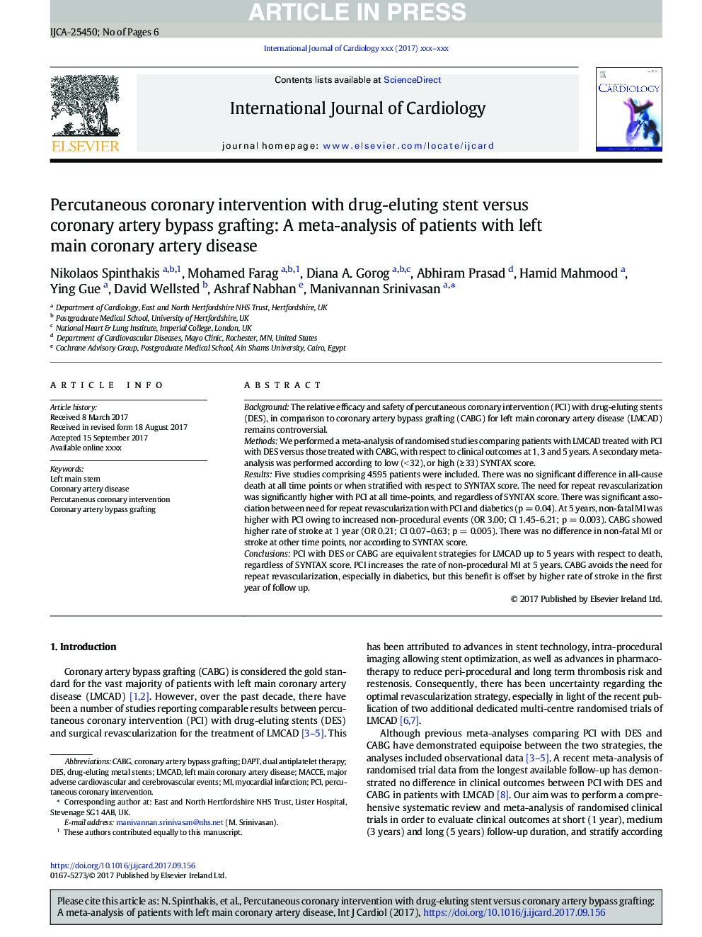Percutaneous coronary intervention with drug-eluting stent versus coronary artery bypass grafting: A meta-analysis of patients with left main coronary artery disease