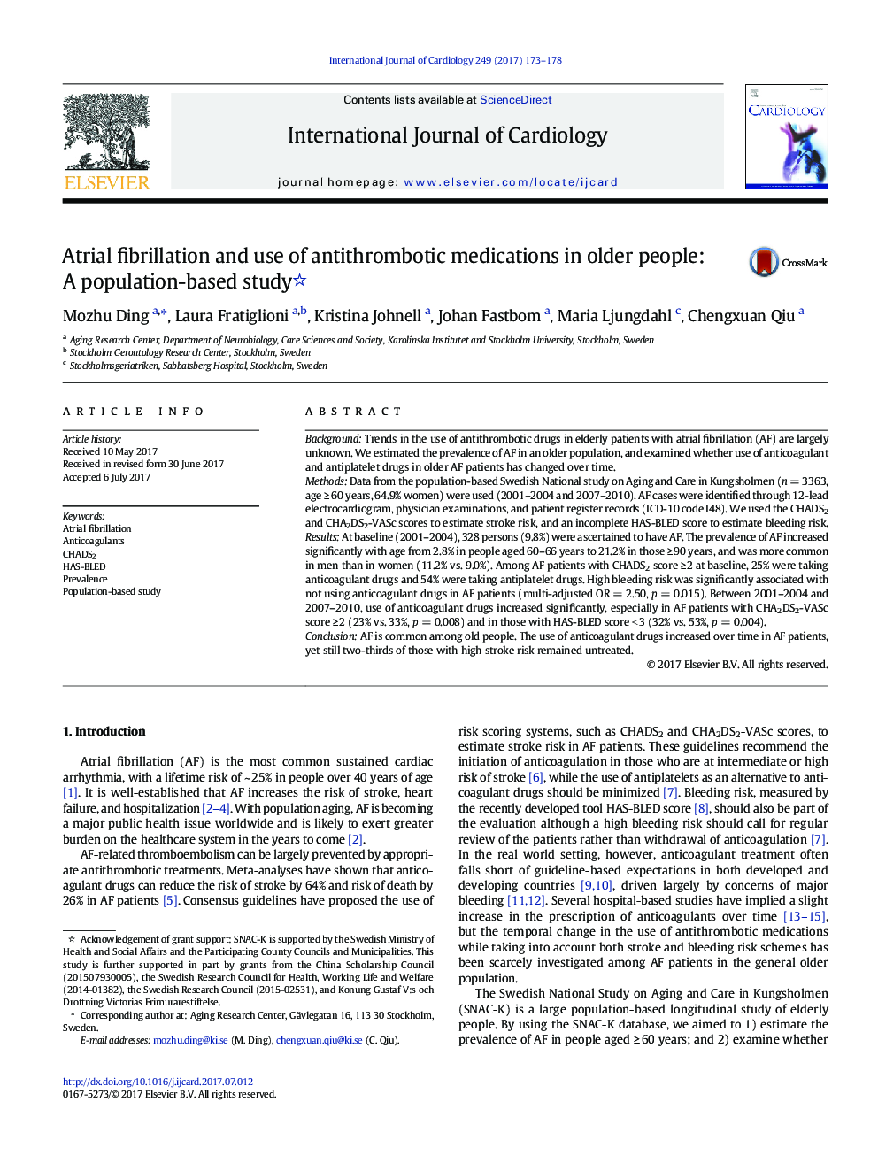 فیبریلاسیون دهلیزی و استفاده از داروهای آنتی ترومبوتیک در افراد سالمند: یک مطالعه مبتنی بر جمعیت 
