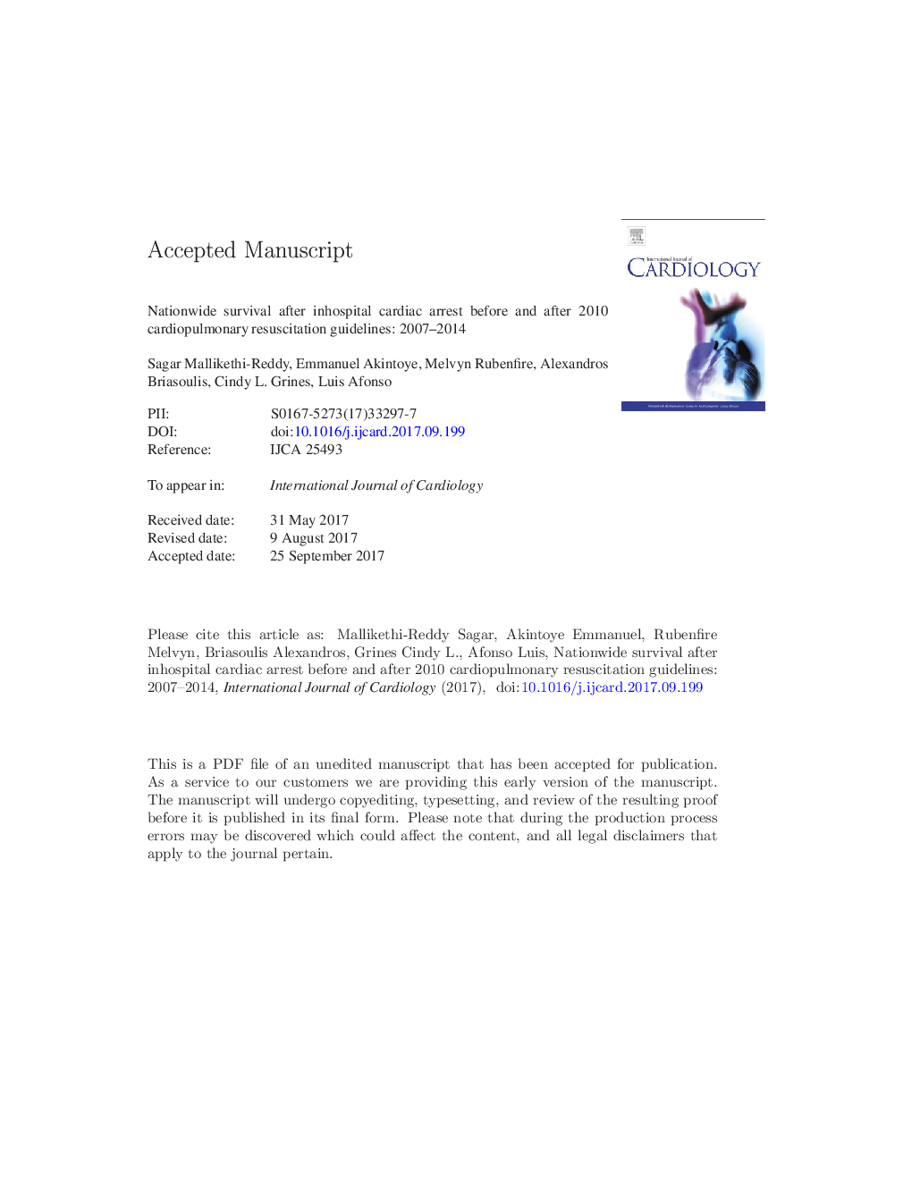 Nationwide survival after inhospital cardiac arrest before and after 2010 cardiopulmonary resuscitation guidelines: 2007-2014