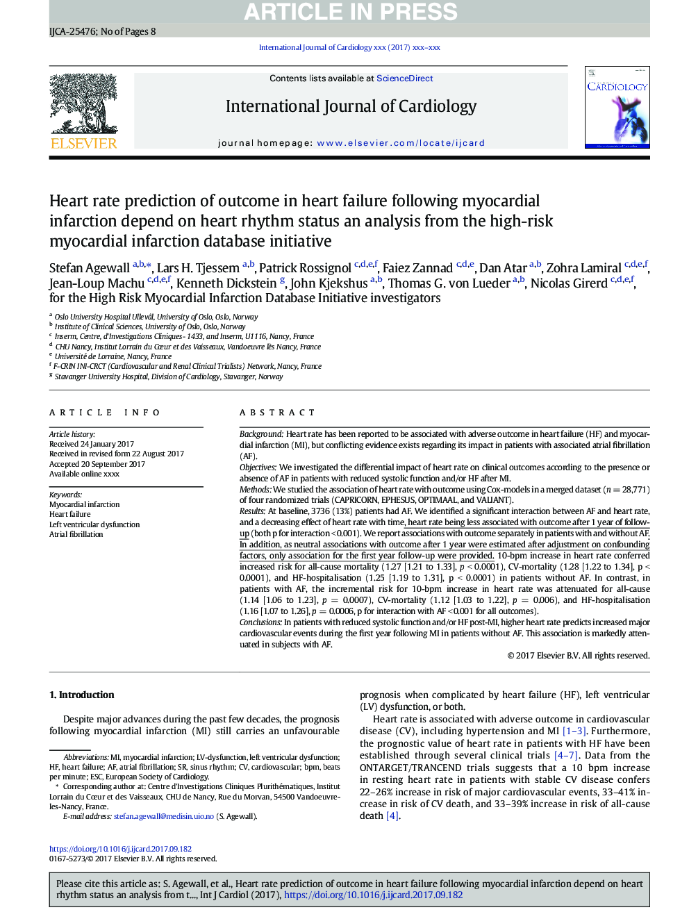 Heart rate prediction of outcome in heart failure following myocardial infarction depend on heart rhythm status an analysis from the high-risk myocardial infarction database initiative