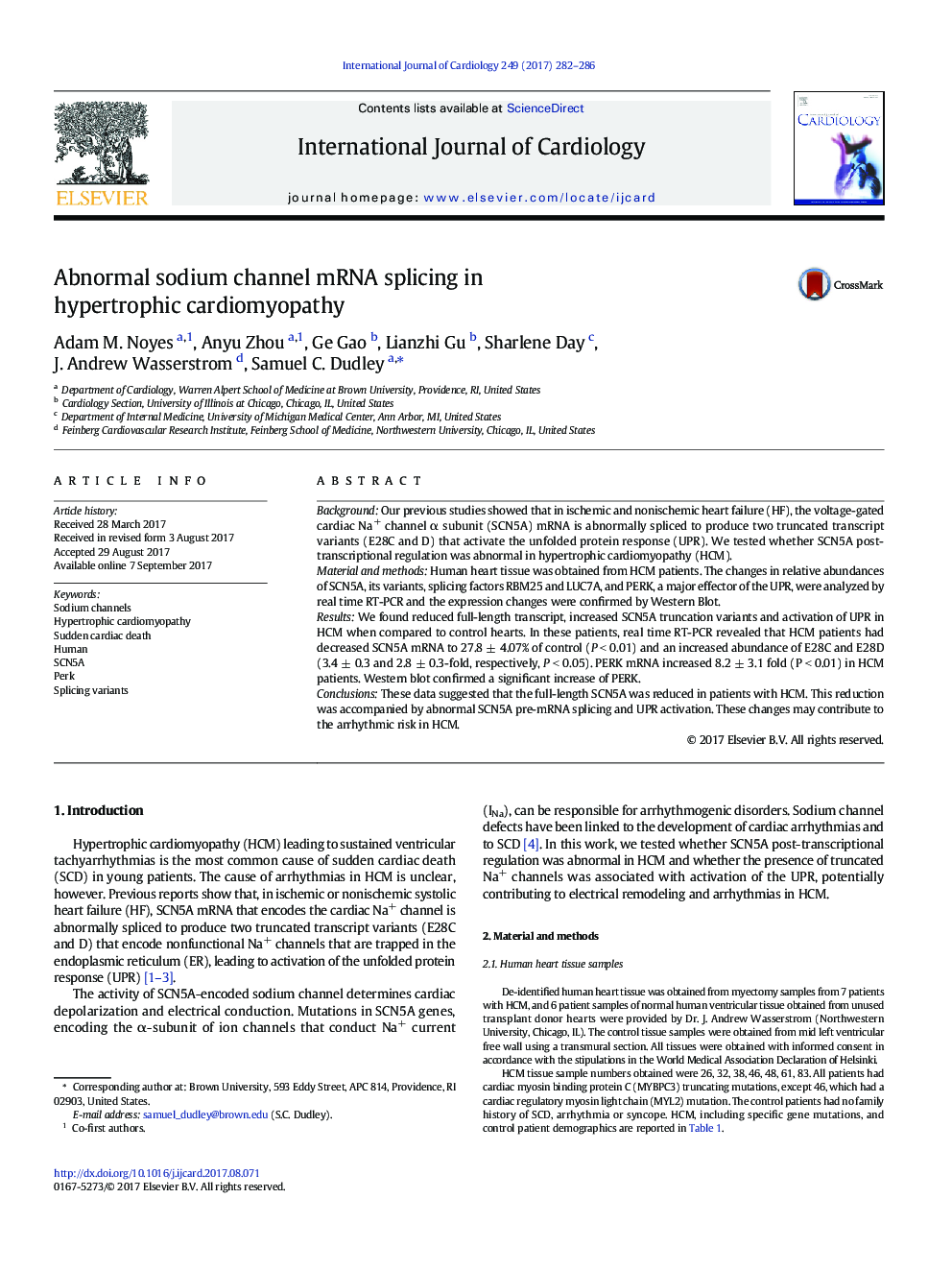 Abnormal sodium channel mRNA splicing in hypertrophic cardiomyopathy