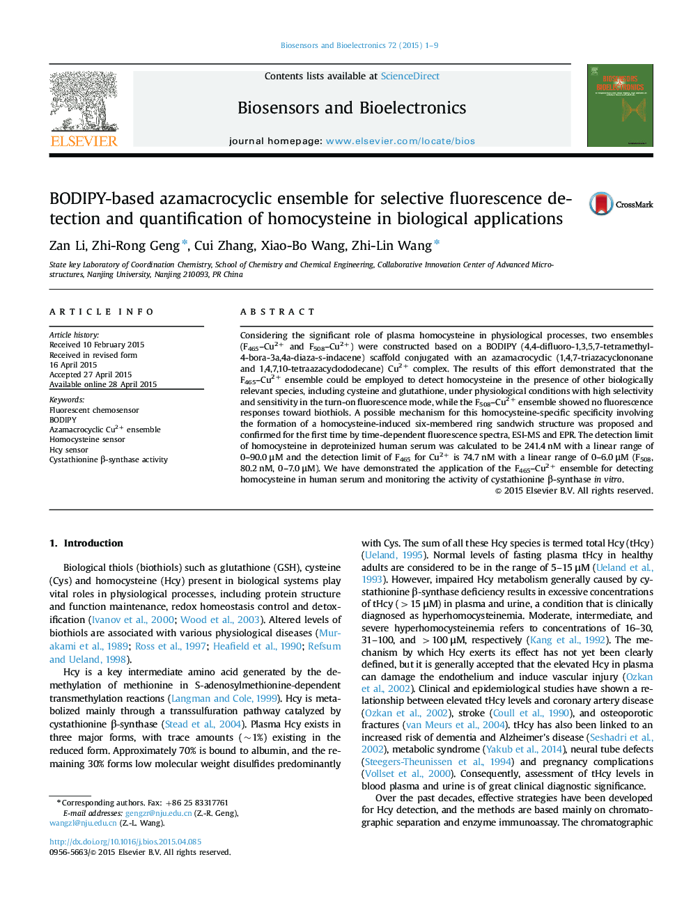 عکس صفحه اول مقاله: BODIPY-based azamacrocyclic ensemble for selective fluorescence detection and quantification of homocysteine in biological applications BODIPY-based azamacrocyclic ensemble for selective fluorescence detection and quantification of homocysteine in biological applications
