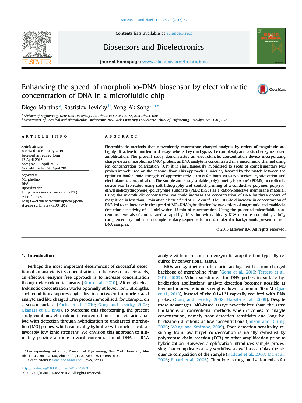 Enhancing the speed of morpholino-DNA biosensor by electrokinetic concentration of DNA in a microfluidic chip