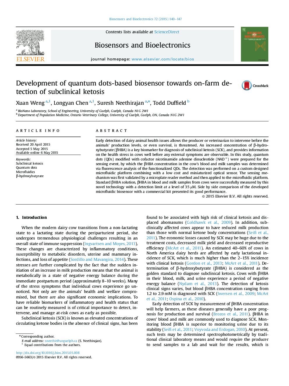 Development of quantum dots-based biosensor towards on-farm detection of subclinical ketosis