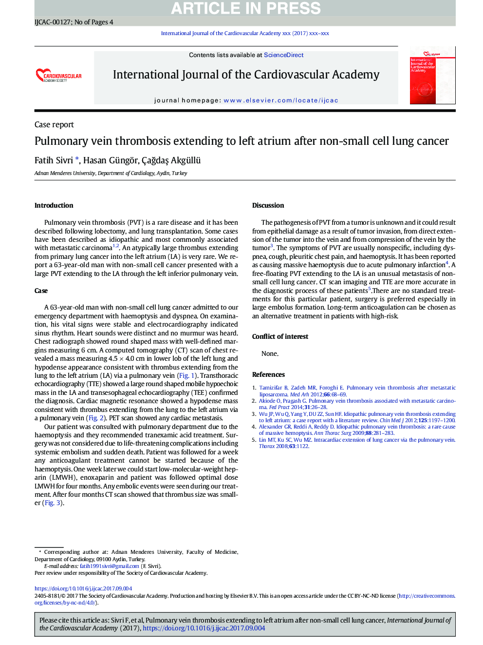 Pulmonary vein thrombosis extending to left atrium after non-small cell lung cancer