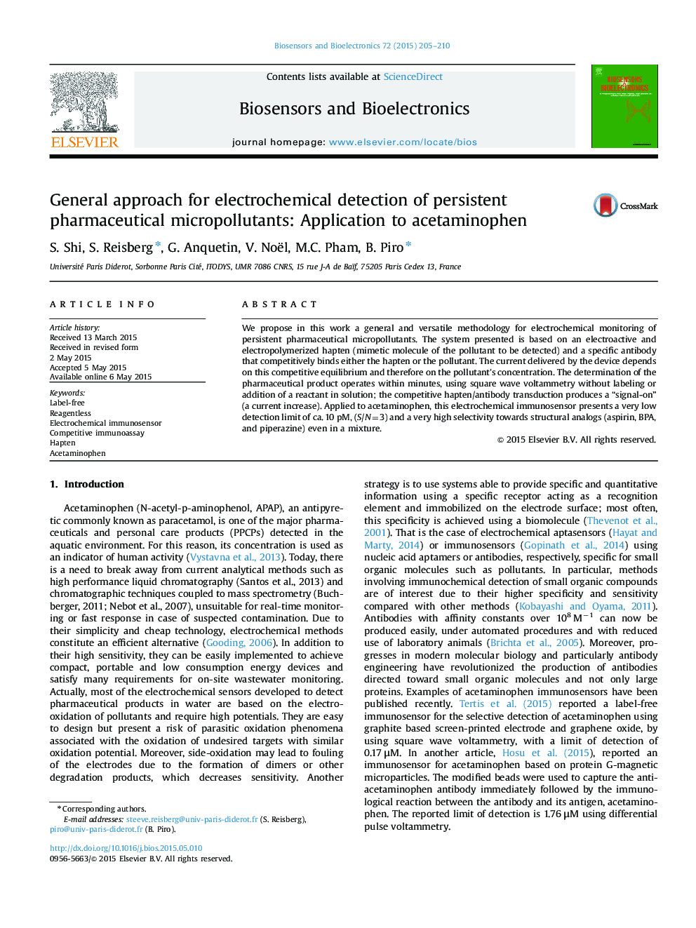 General approach for electrochemical detection of persistent pharmaceutical micropollutants: Application to acetaminophen