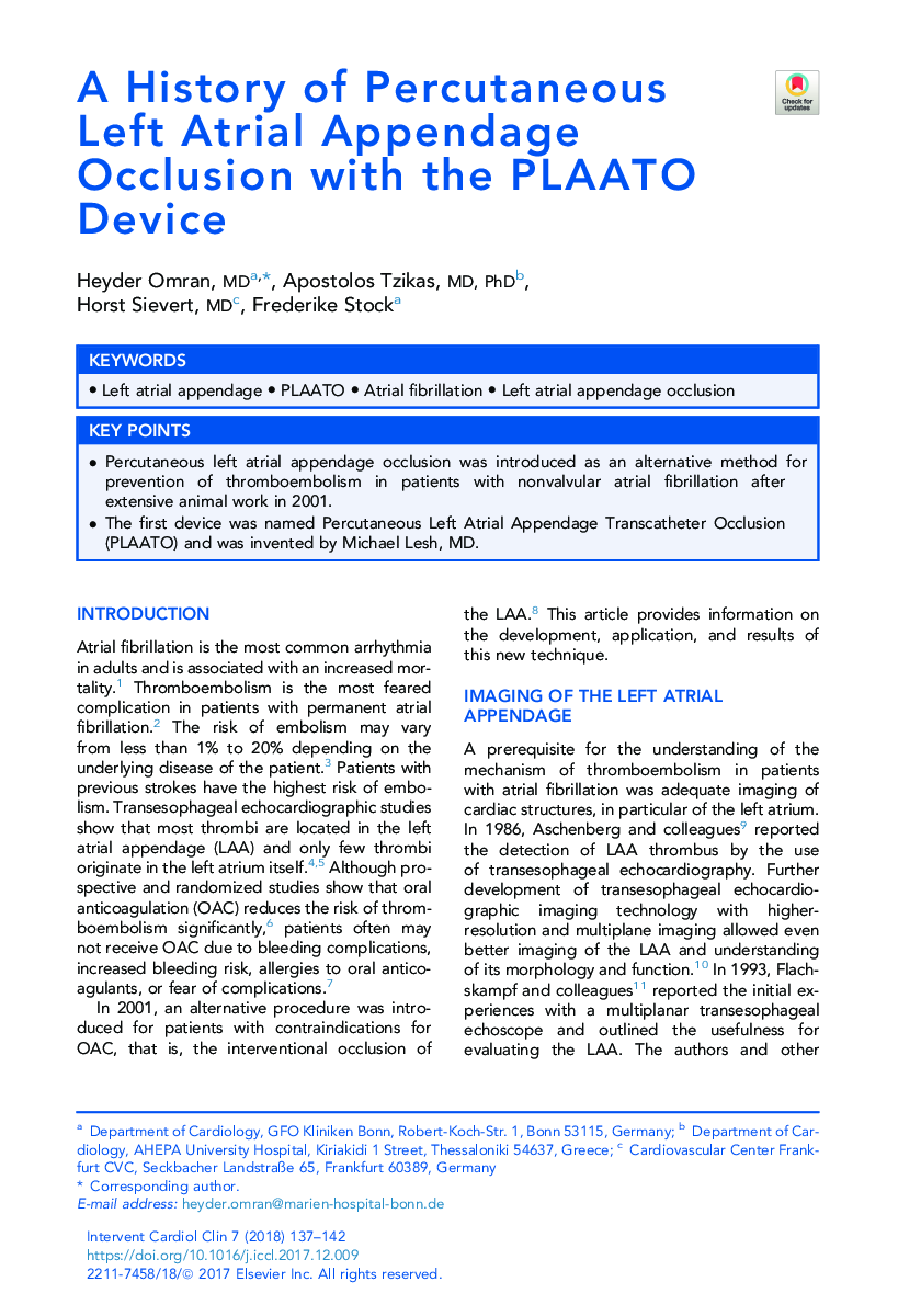 A History of Percutaneous Left Atrial Appendage Occlusion with the PLAATO Device