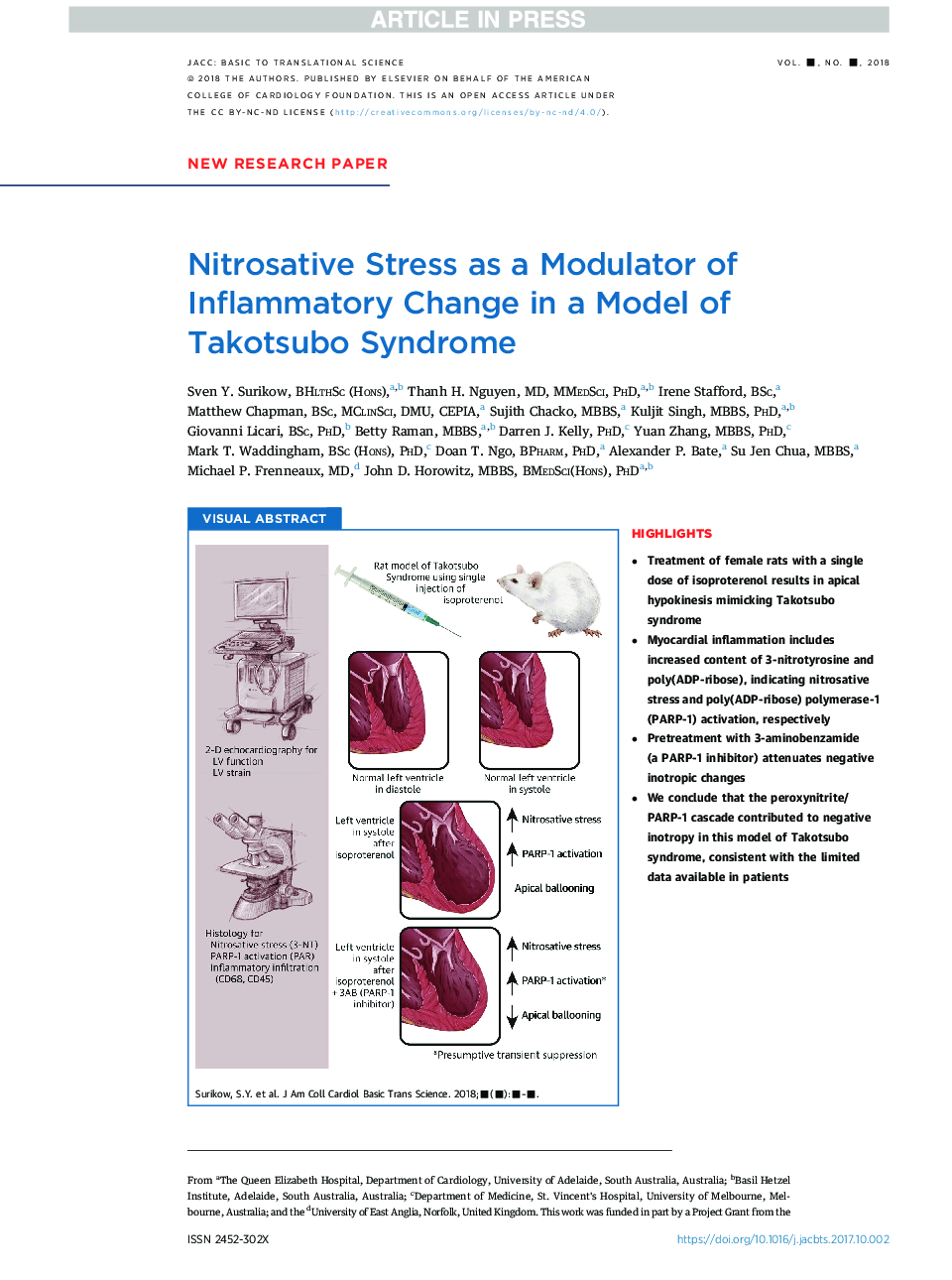 Nitrosative Stress as a Modulator of Inflammatory Change in a Model of Takotsubo Syndrome