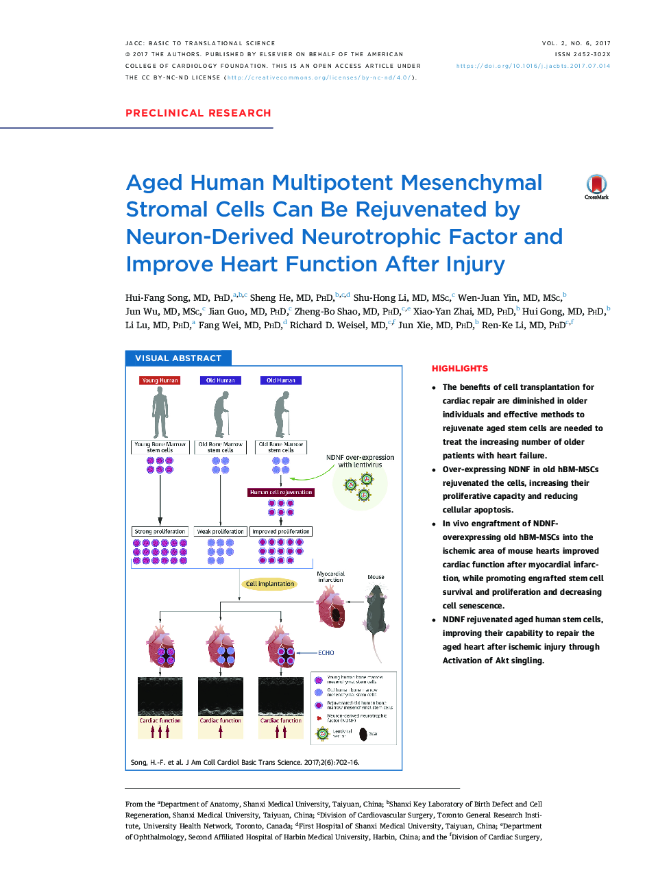 Aged Human Multipotent Mesenchymal Stromal Cells Can Be Rejuvenated by Neuron-Derived Neurotrophic Factor and Improve Heart Function After Injury