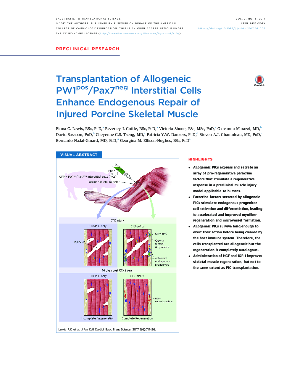 Transplantation of Allogeneic PW1pos/Pax7neg Interstitial Cells EnhanceÂ Endogenous Repair of InjuredÂ Porcine Skeletal Muscle