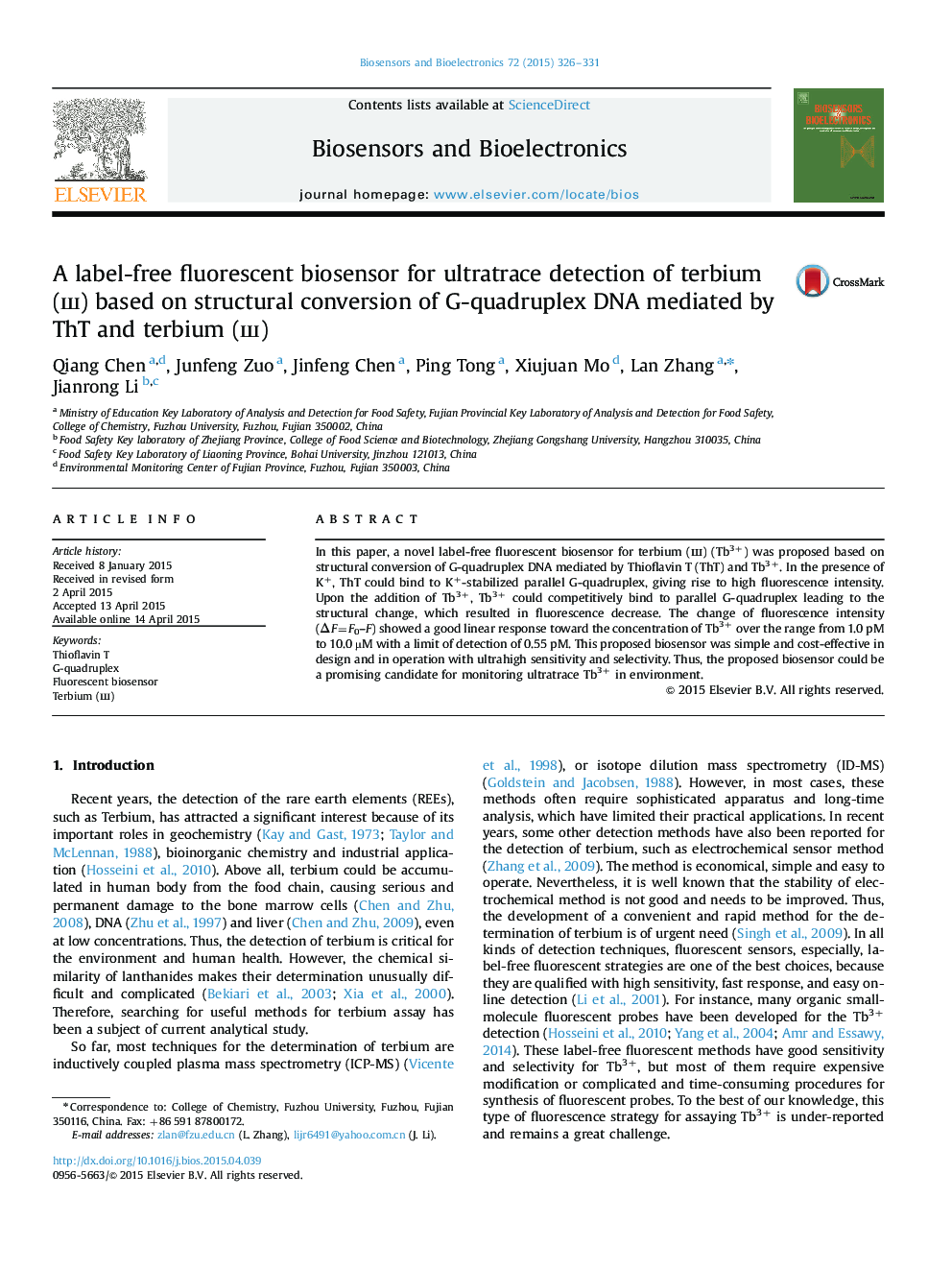 A label-free fluorescent biosensor for ultratrace detection of terbium (ш) based on structural conversion of G-quadruplex DNA mediated by ThT and terbium (ш)