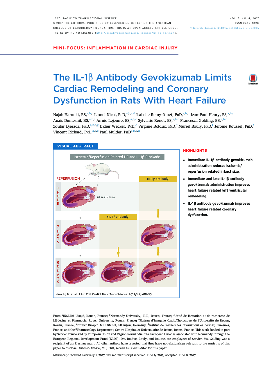 The IL-1Î² Antibody Gevokizumab Limits Cardiac Remodeling and Coronary Dysfunction in Rats With Heart Failure