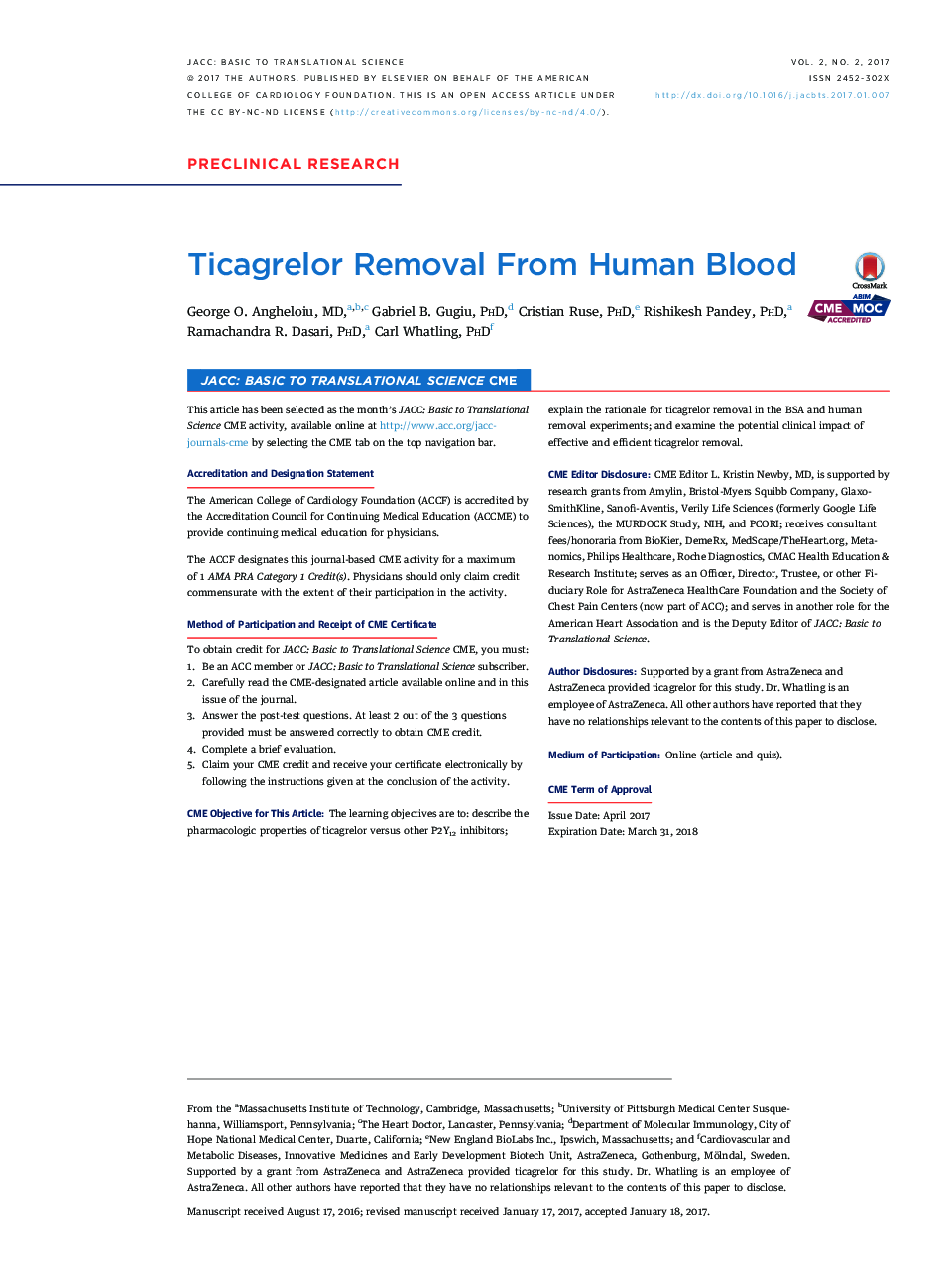 Ticagrelor Removal From Human Blood