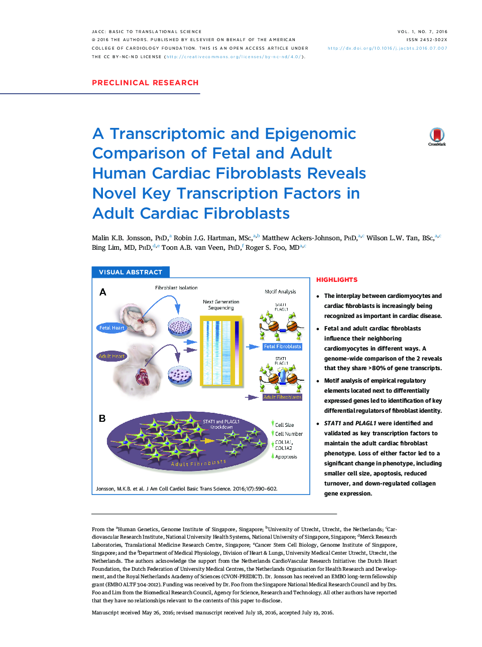 A Transcriptomic and Epigenomic Comparison of Fetal and Adult HumanÂ Cardiac Fibroblasts Reveals NovelÂ Key Transcription Factors in AdultÂ Cardiac Fibroblasts