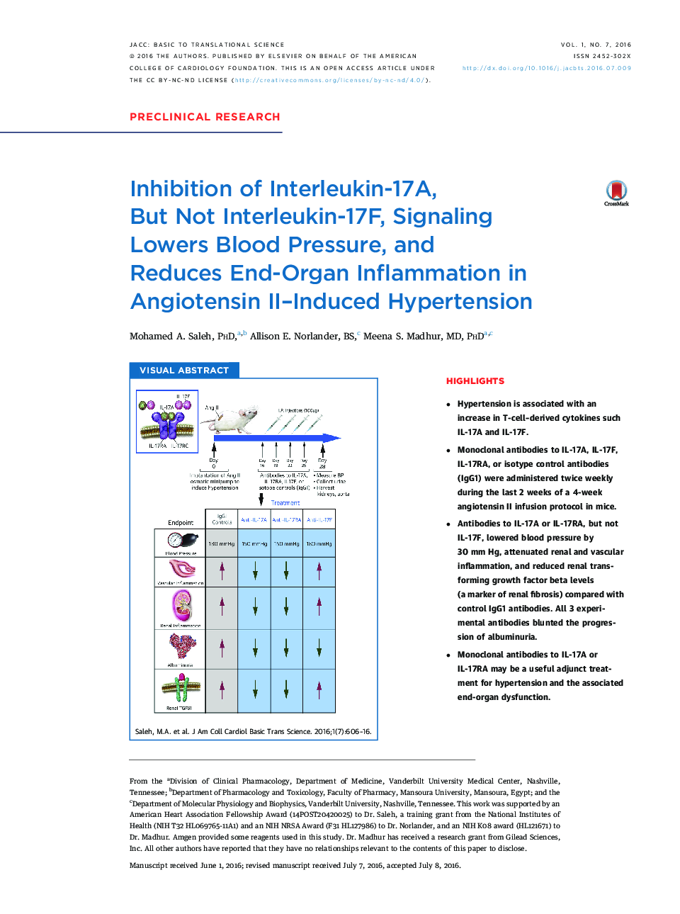 Inhibition of Interleukin-17A, But Not Interleukin-17F, Signaling LowersÂ Blood Pressure, and Reduces End-Organ Inflammation in Angiotensin II-Induced Hypertension