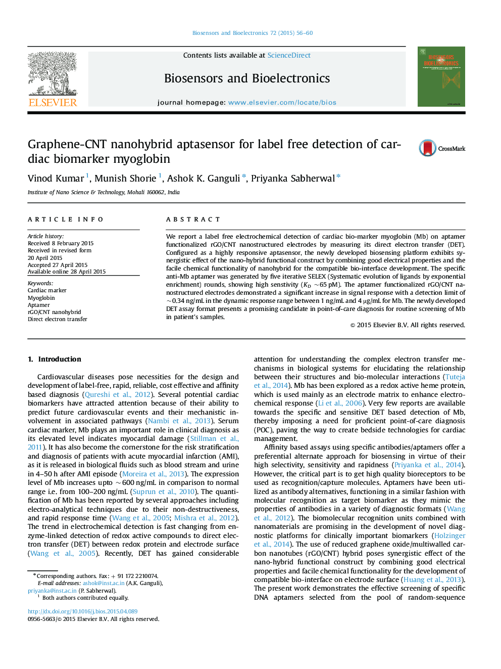 Graphene-CNT nanohybrid aptasensor for label free detection of cardiac biomarker myoglobin