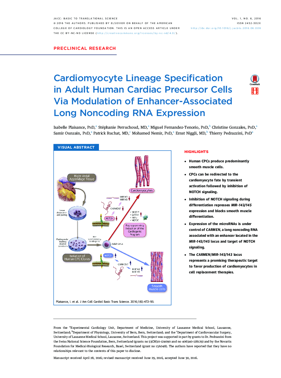 Cardiomyocyte Lineage Specification inÂ Adult Human Cardiac Precursor Cells ViaÂ Modulation of Enhancer-Associated Long Noncoding RNA Expression