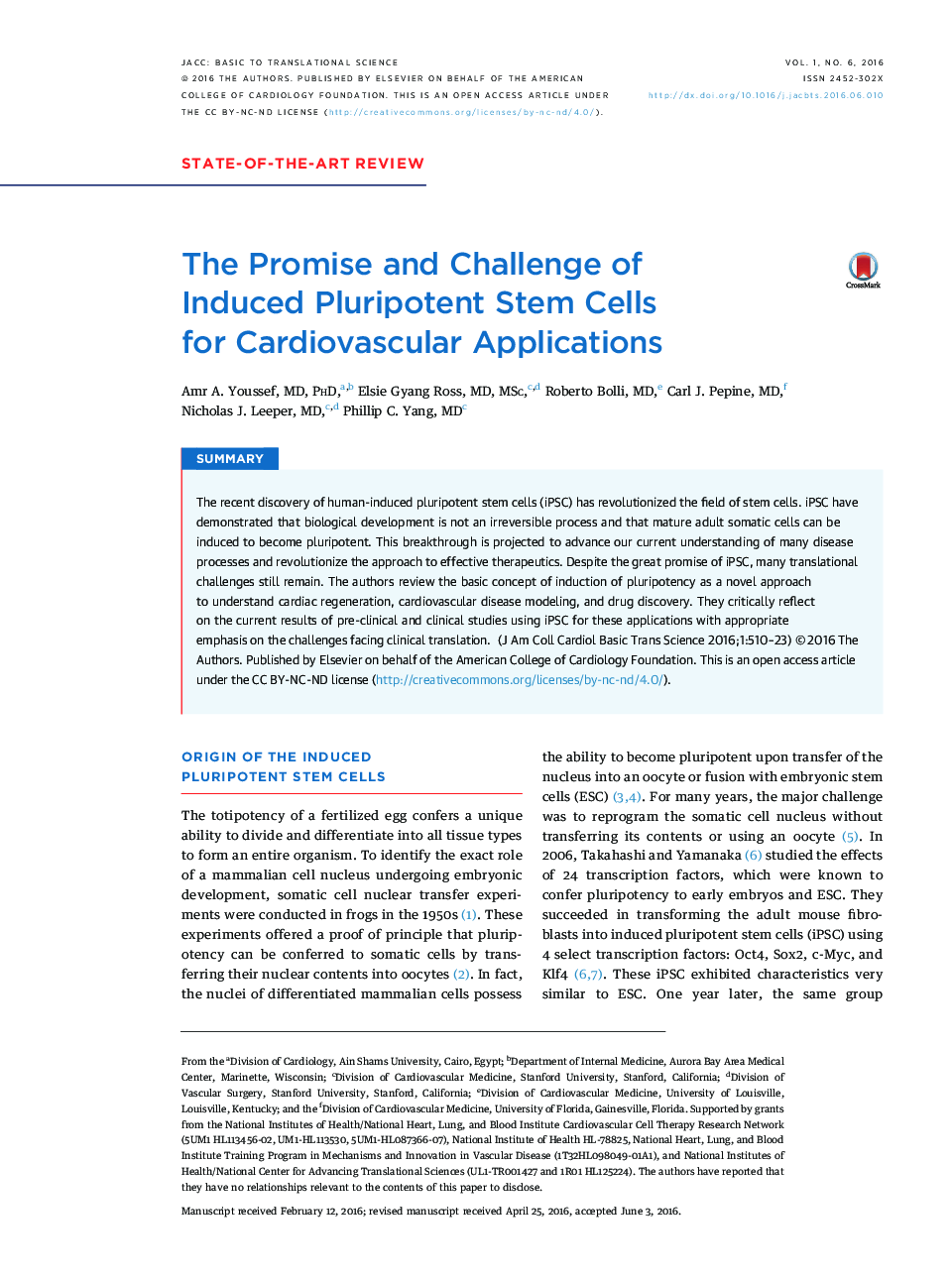 The Promise and Challenge of InducedÂ Pluripotent Stem Cells forÂ Cardiovascular Applications