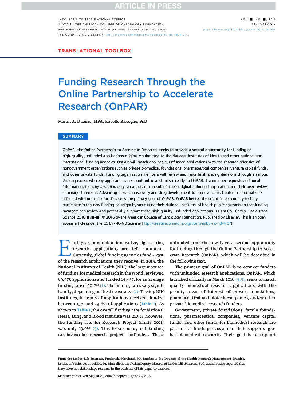 Funding Research Through the OnlineÂ Partnership to Accelerate ResearchÂ (OnPAR)