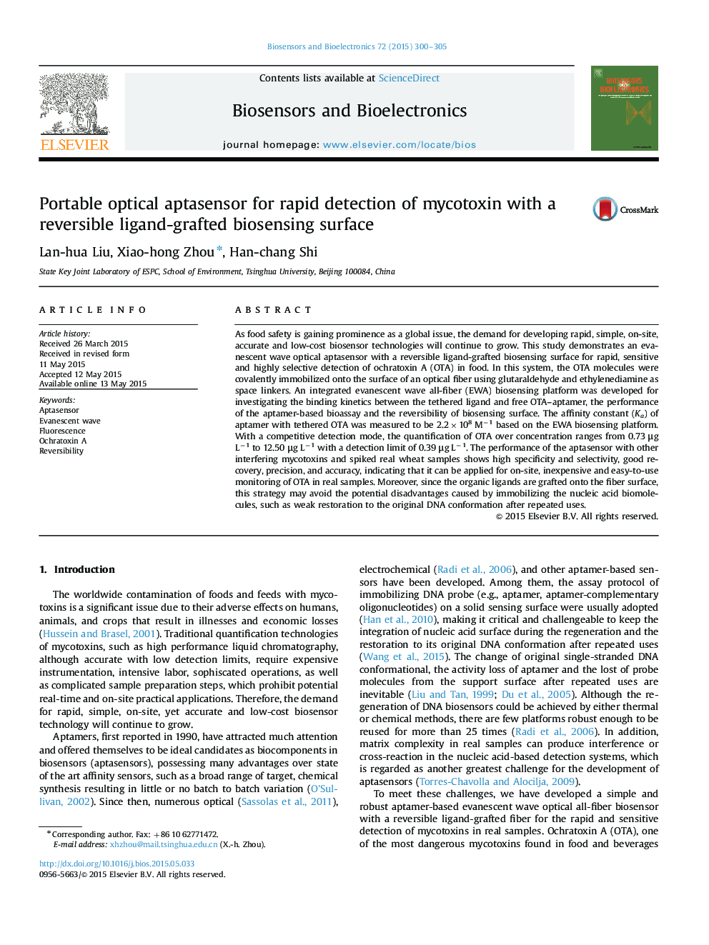 Portable optical aptasensor for rapid detection of mycotoxin with a reversible ligand-grafted biosensing surface