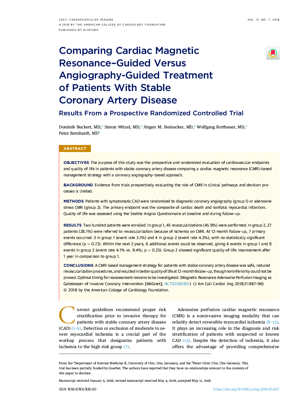Comparing Cardiac Magnetic Resonance-Guided Versus Angiography-Guided Treatment ofÂ Patients With Stable CoronaryÂ ArteryÂ Disease