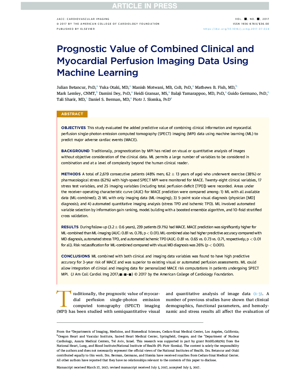 Prognostic Value of Combined Clinical andÂ Myocardial Perfusion Imaging Data Using Machine Learning