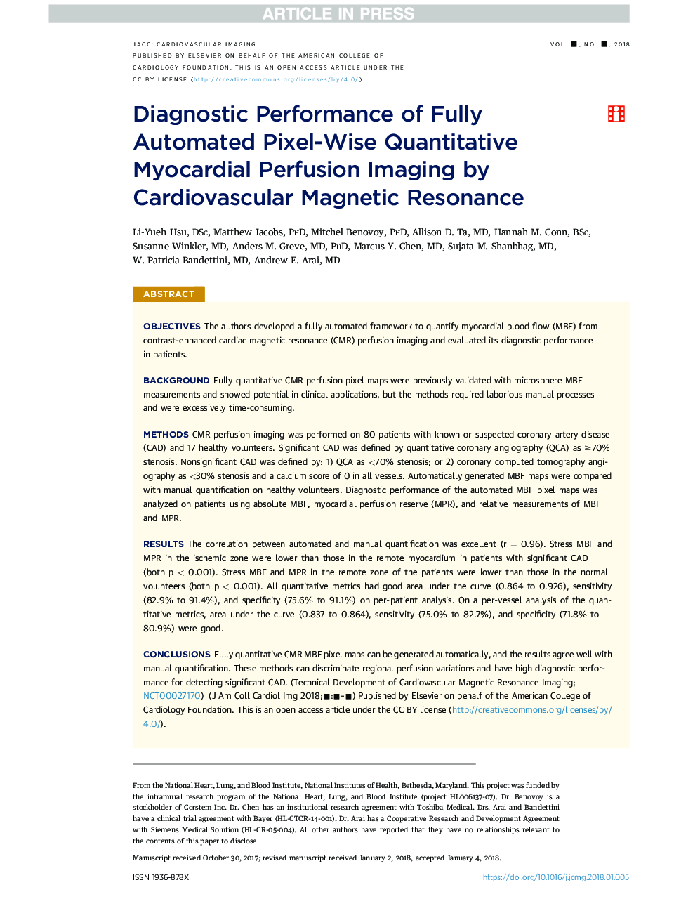 Diagnostic Performance of Fully Automated Pixel-Wise Quantitative Myocardial Perfusion Imaging by Cardiovascular Magnetic Resonance