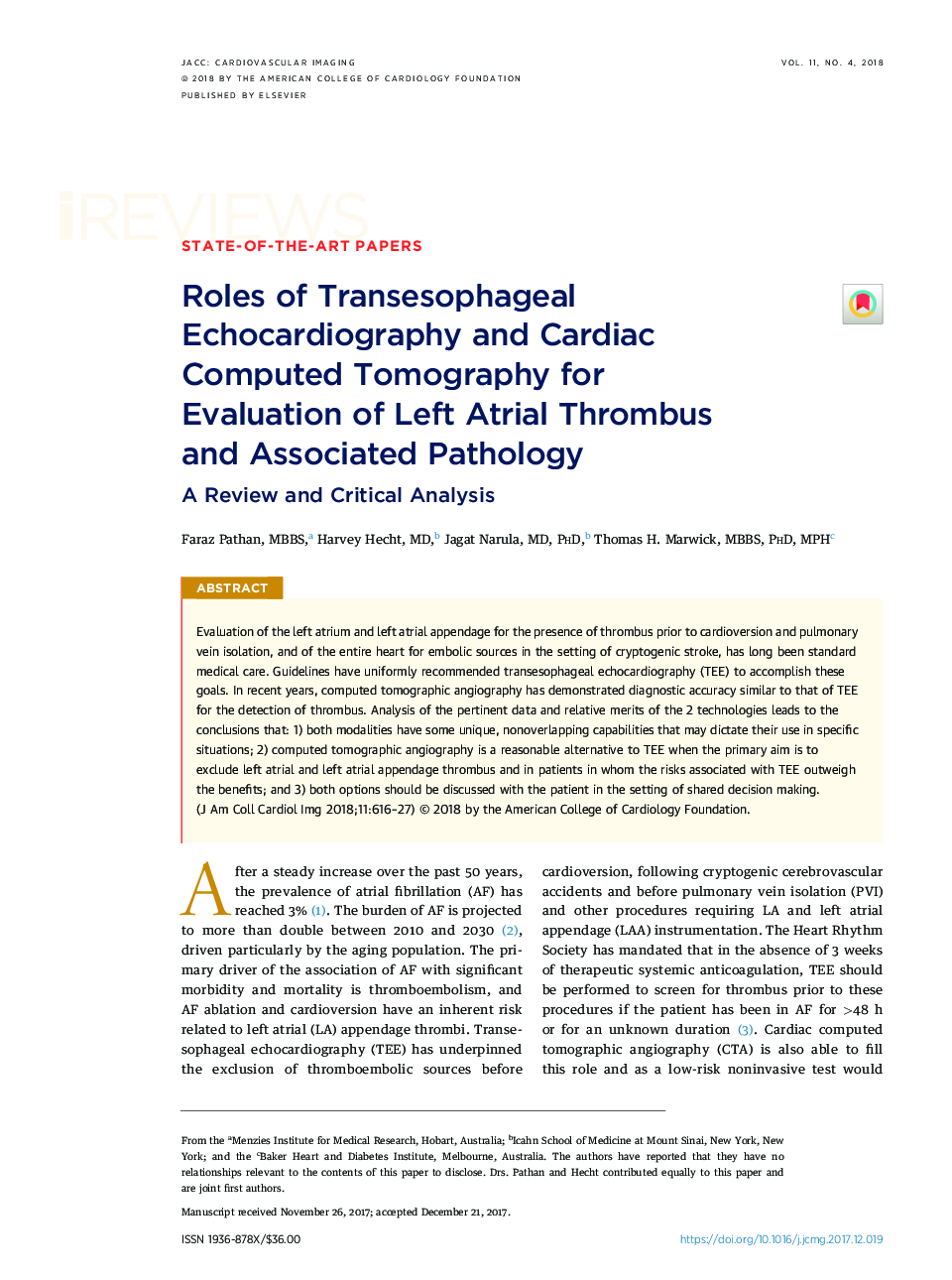 Roles of Transesophageal Echocardiography and Cardiac Computed Tomography for EvaluationÂ ofÂ Left Atrial Thrombus andÂ Associated Pathology