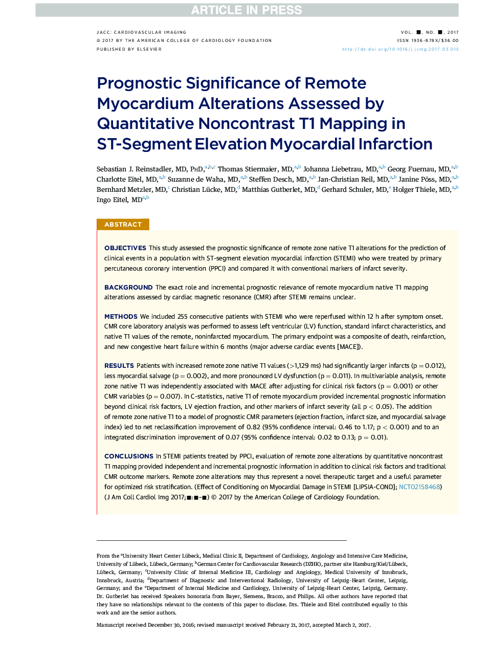 Prognostic Significance of Remote Myocardium Alterations Assessed by Quantitative Noncontrast T1 Mapping in ST-Segment Elevation Myocardial Infarction