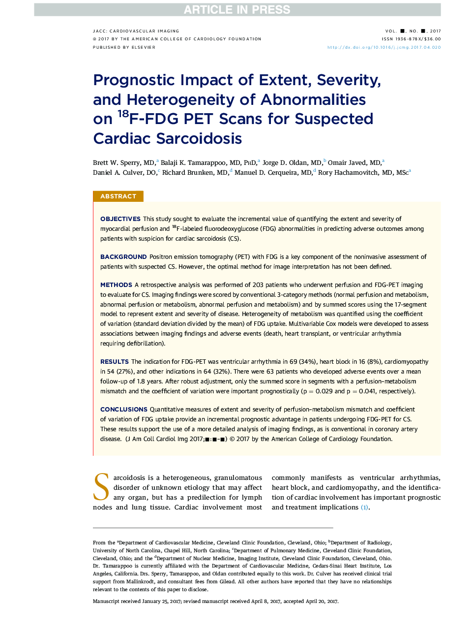 Prognostic Impact of Extent, Severity, and Heterogeneity of Abnormalities on 18F-FDG PET Scans for Suspected Cardiac Sarcoidosis