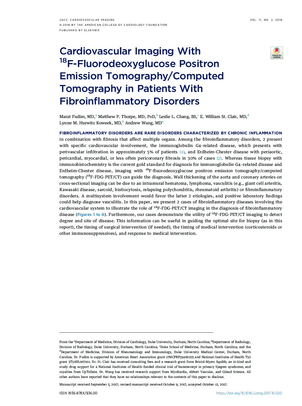 Cardiovascular Imaging With 18F-Fluorodeoxyglucose Positron EmissionÂ Tomography/Computed Tomography in Patients With Fibroinflammatory Disorders
